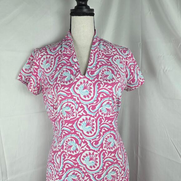 J. McLaughlin Dress XS Pink Aqua Scroll Floral Short Sleeve Knit Shift Stretch - Picture 3 of 11